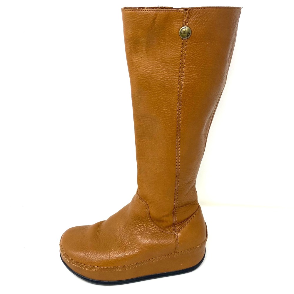 FitFlop Hooper Tall Boots Women's Size 6 Brown Leather‎ Comfort Wedge Pull-On